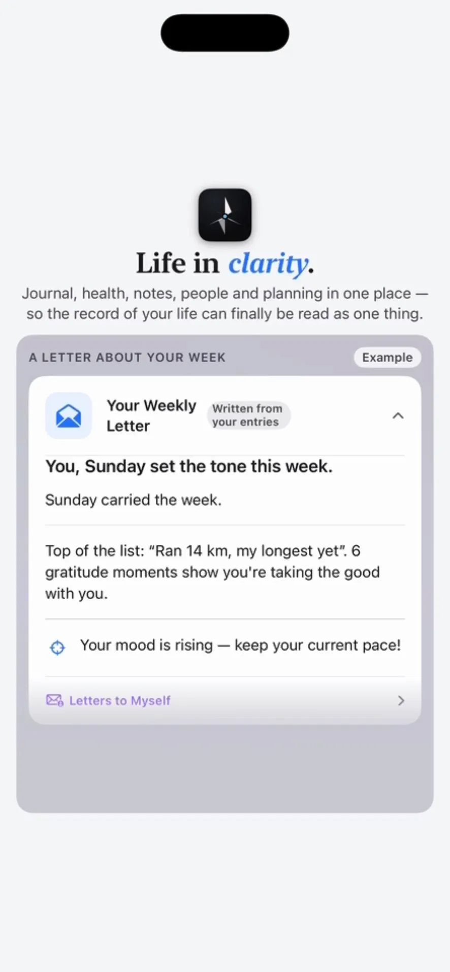 The Weekly Letter at the end of a first weekly review, written from the week’s entries.