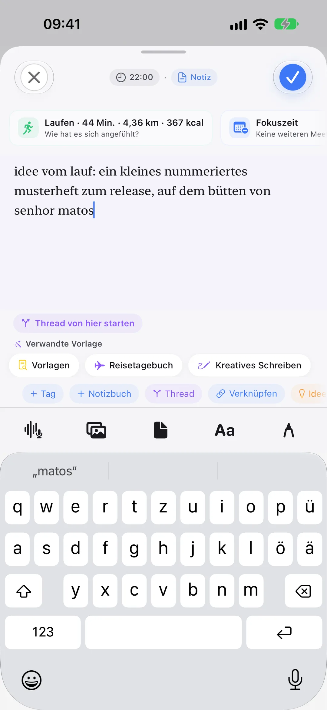Eine Idee nach dem Laufen festhalten: Clarivio ergänzt den Lauf und den Fokusblock, aus dem sie kam.