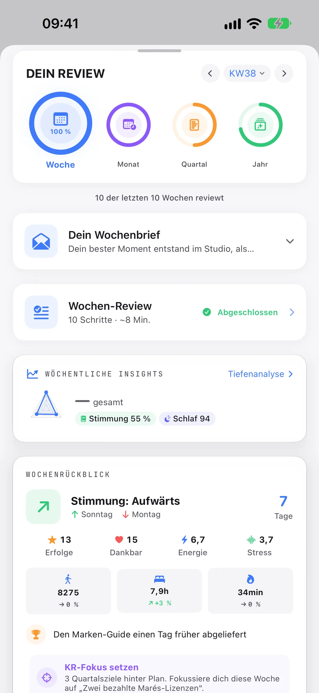 Dein Review in Clarivio: Woche, Monat, Quartal und Jahr, mit deinem Wochenbrief.