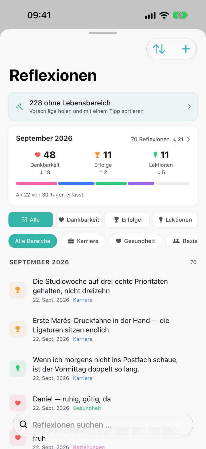 Reflexionen: Dankbarkeit, Erfolge und Lektionen im September, nach Lebensbereich gefiltert.