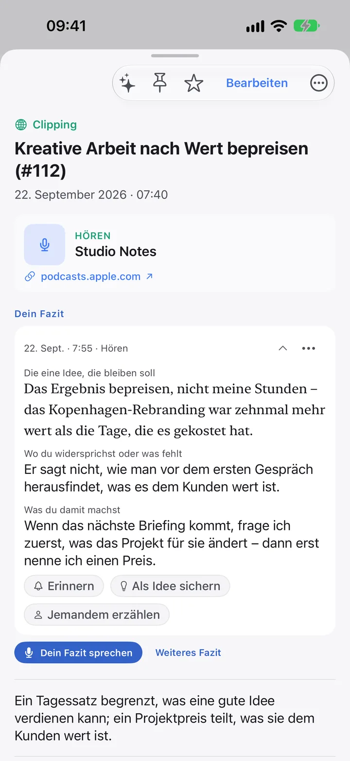 Eine geclippte Podcast-Folge mit dem Fazit der Person.