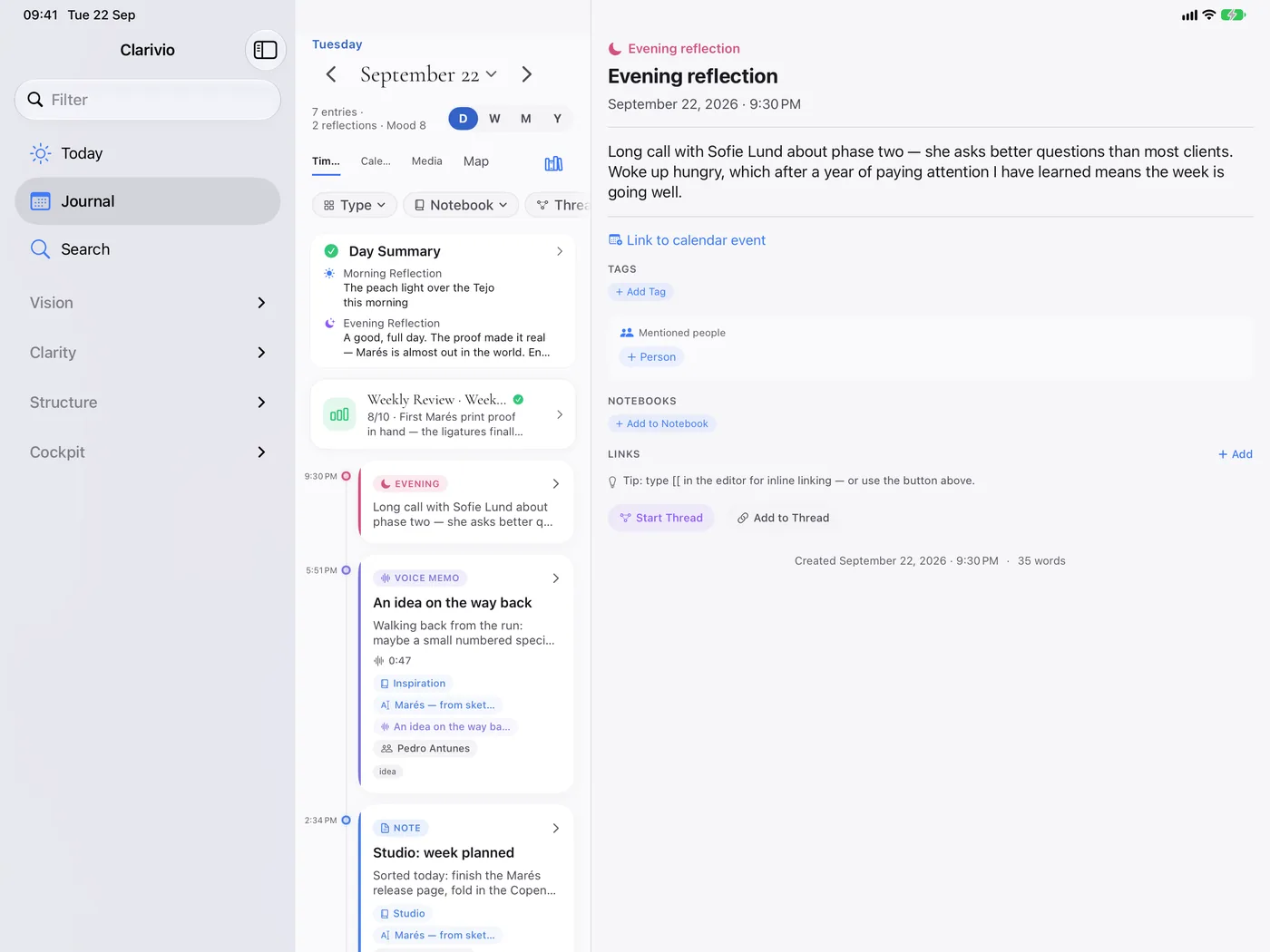 Clarivio on iPad: a sidebar, the day’s timeline and an open entry side by side.