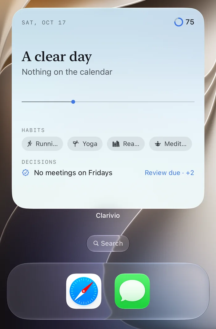 The Today widget, large: the day in one line, readiness 75, four habits and a decision due for review.